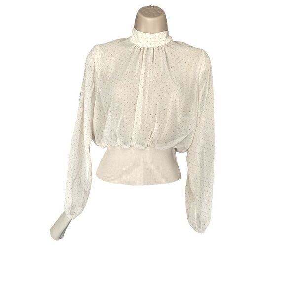 SOHO TOP Double Split Sleeves Polka Dot Blouse High Neck open back - Picture 1 of 6